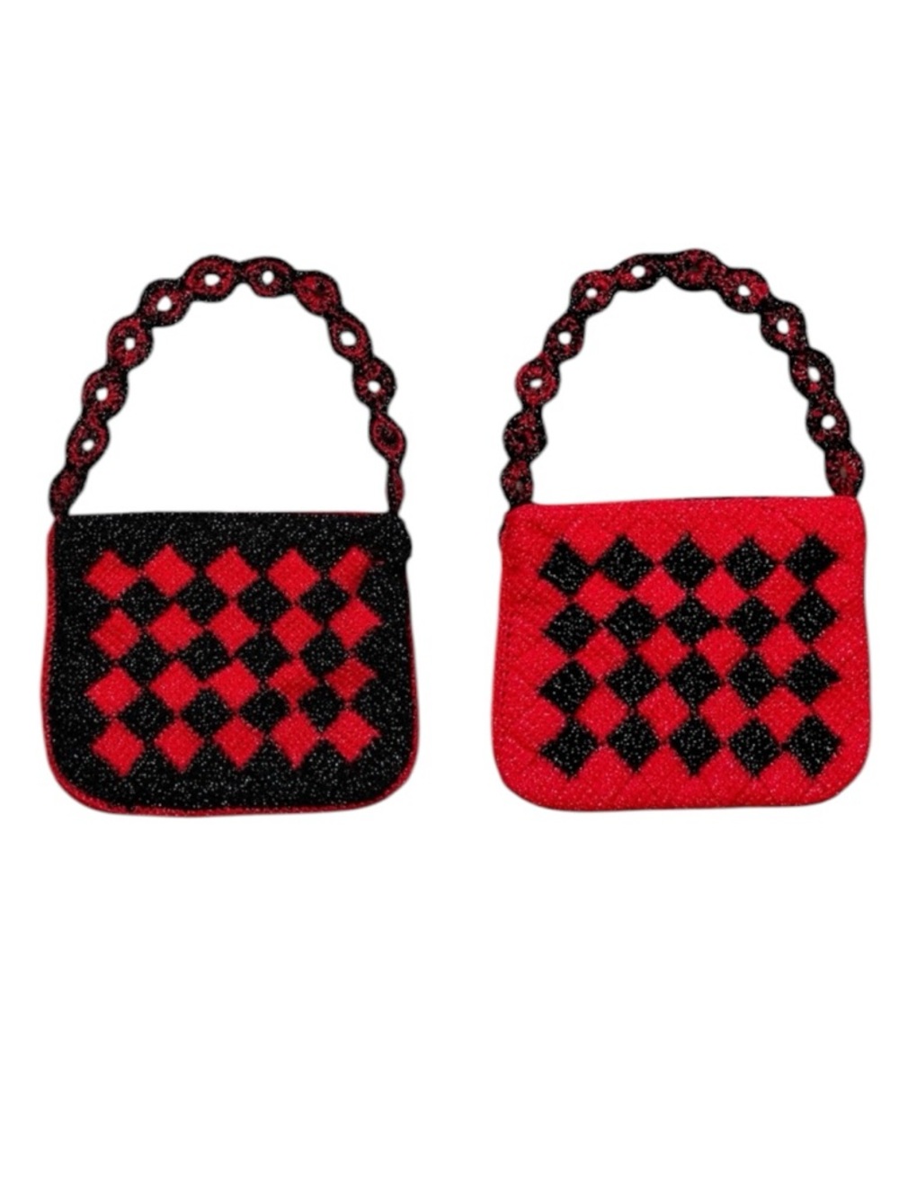 Handmade Crochet Bag Purse Tote Handbag Red Black Checkerboard Plaid Checkered